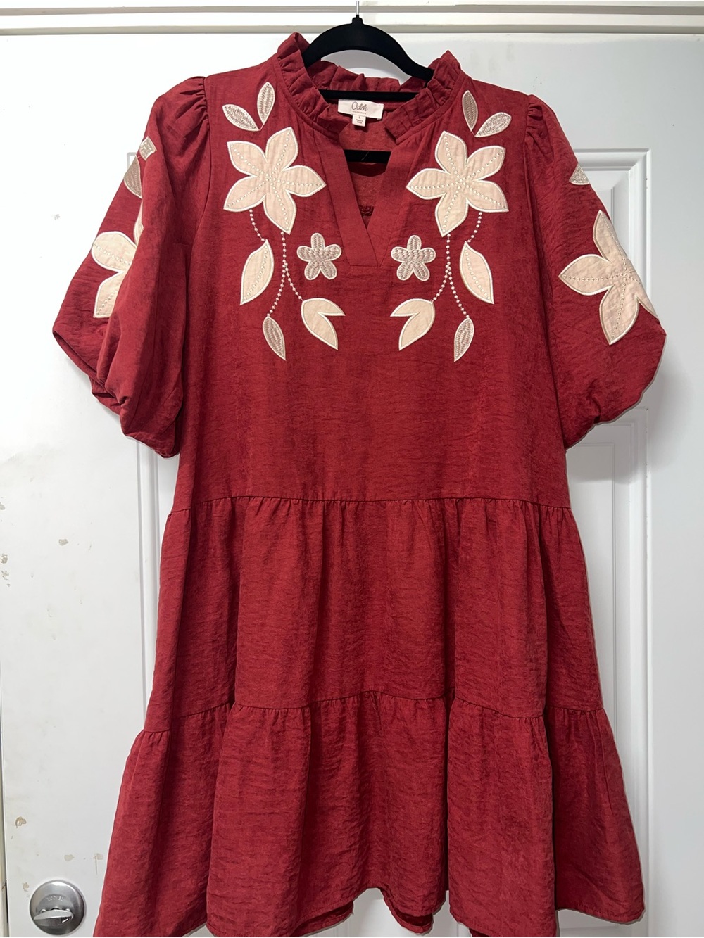 Oddi Bubble Sleeve Dress in burgundy and ivory size large